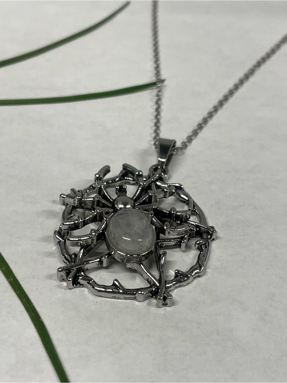 Sterling-Style Silver Spiderweb Necklace with Moonstone Center
